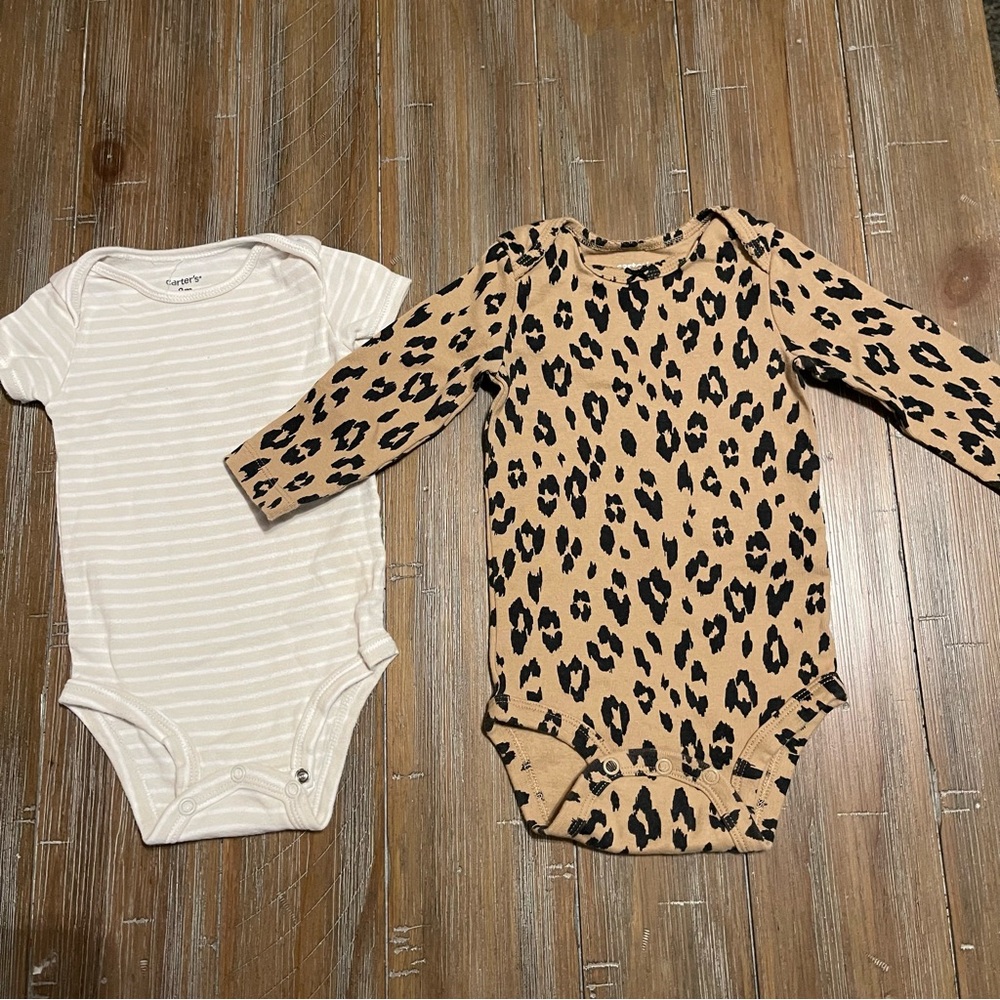 5 for $15Carter's Cream Striped & Tan Leopard Print Baby One-Piece Bodysuits